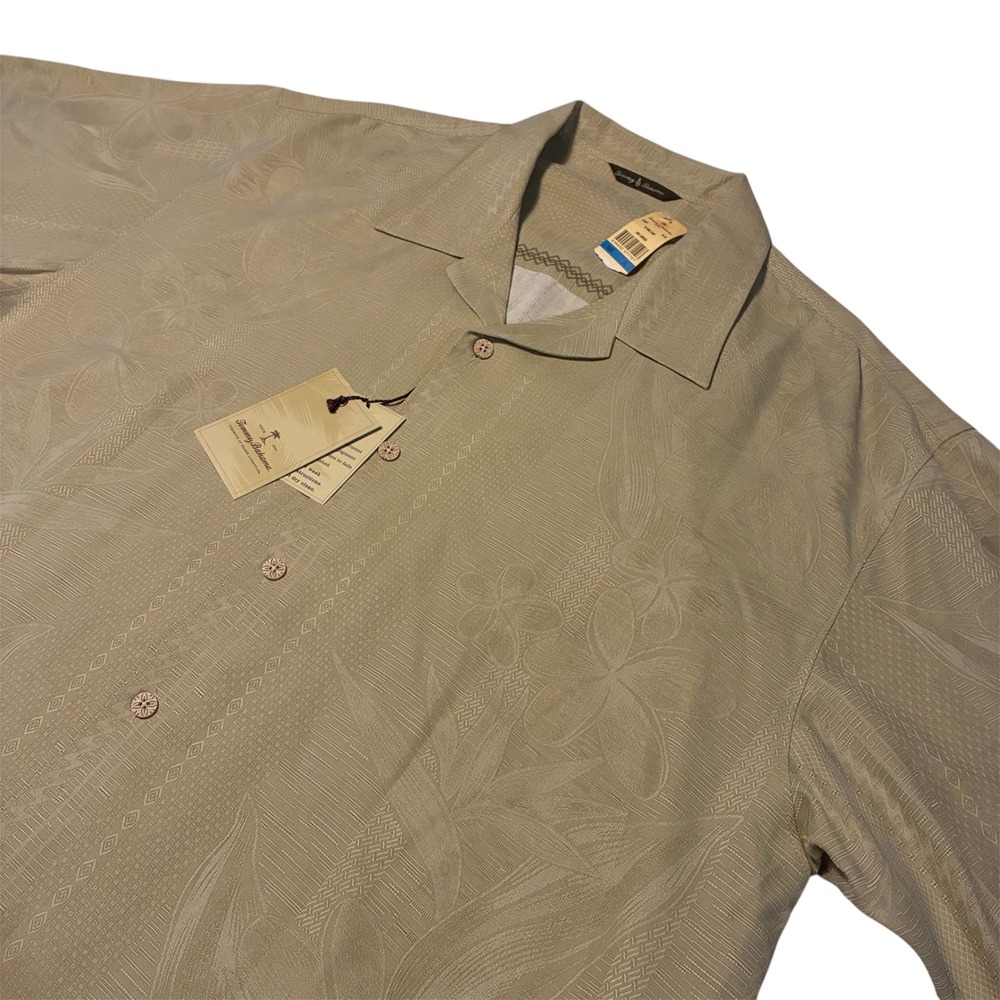 Tommy Bahama Mens Tan Silk Camp Shirt TB King Camp Floral Jacquard XL